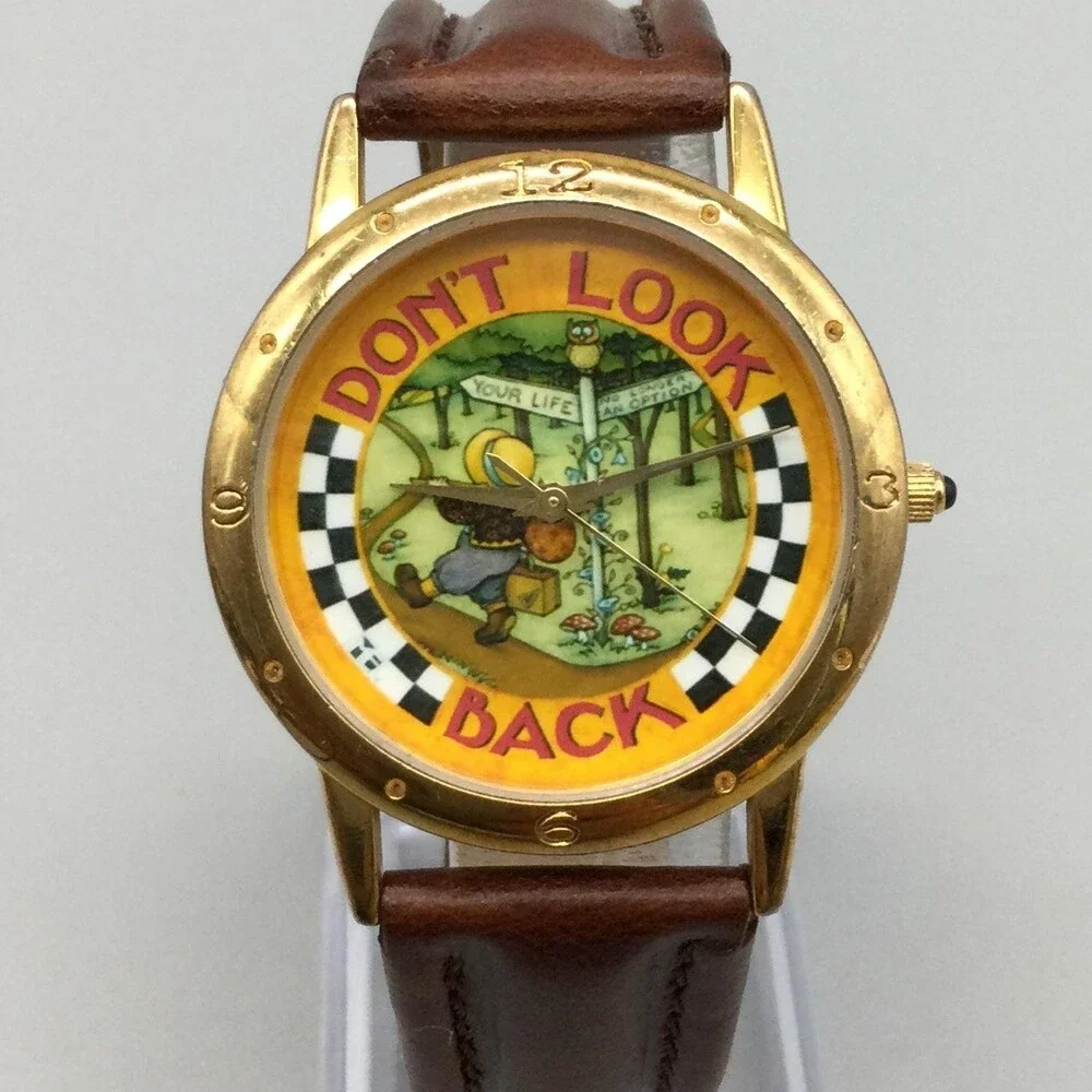 One In A Million Mens Watch 34mm Don't Look Back Gold Tone Leather New Battery