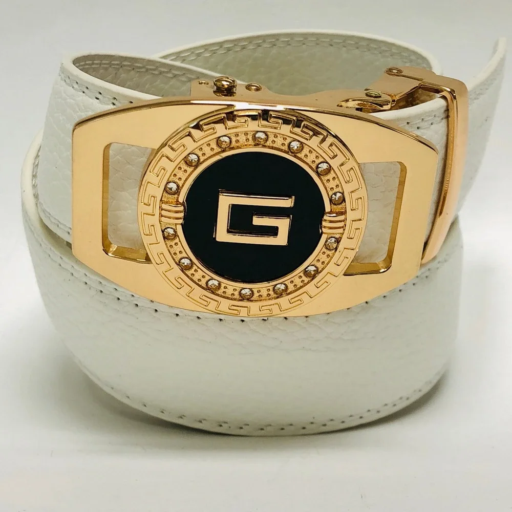 Designer White Belt Gold‎ Buckle Fashion Dress Belt Automatic Belt Cinturon