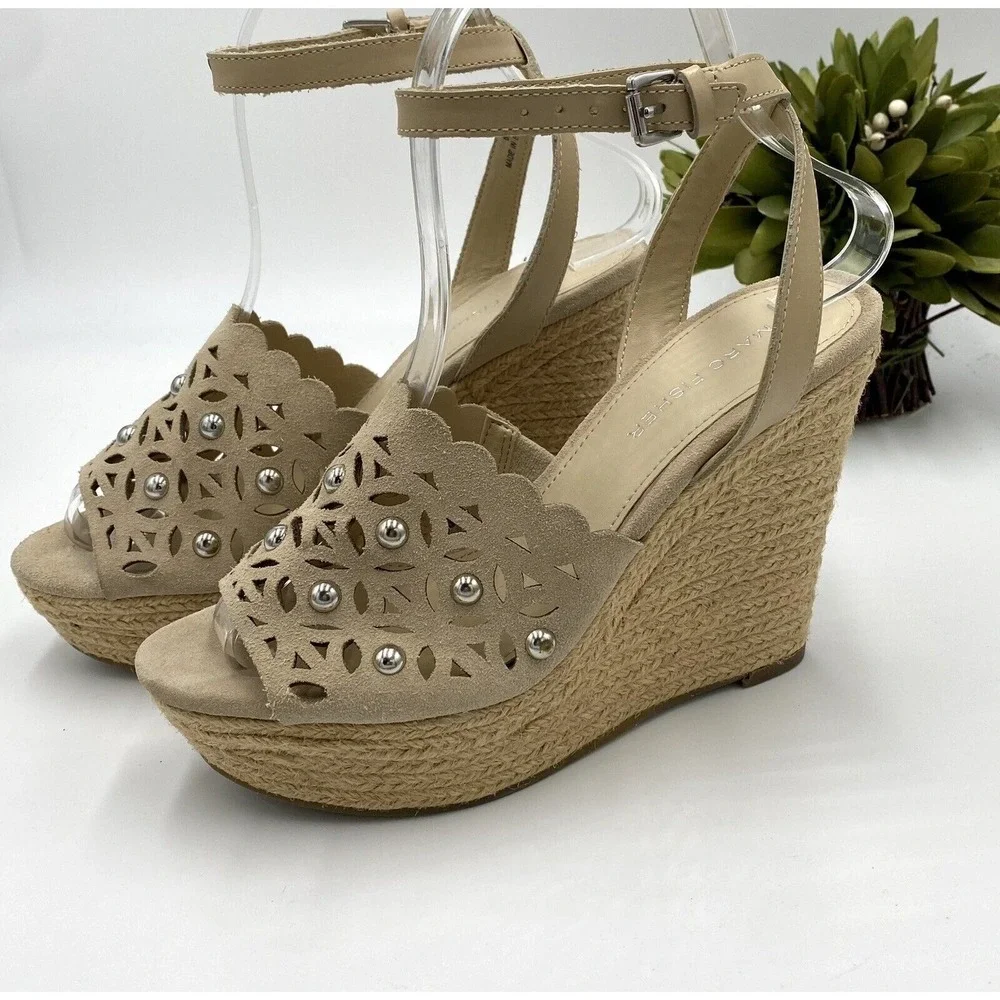 Marc Fisher LTD Women's Nude Tan Hata Cutout Espadrille Wedge Sandal‎ Sz 6/36.5