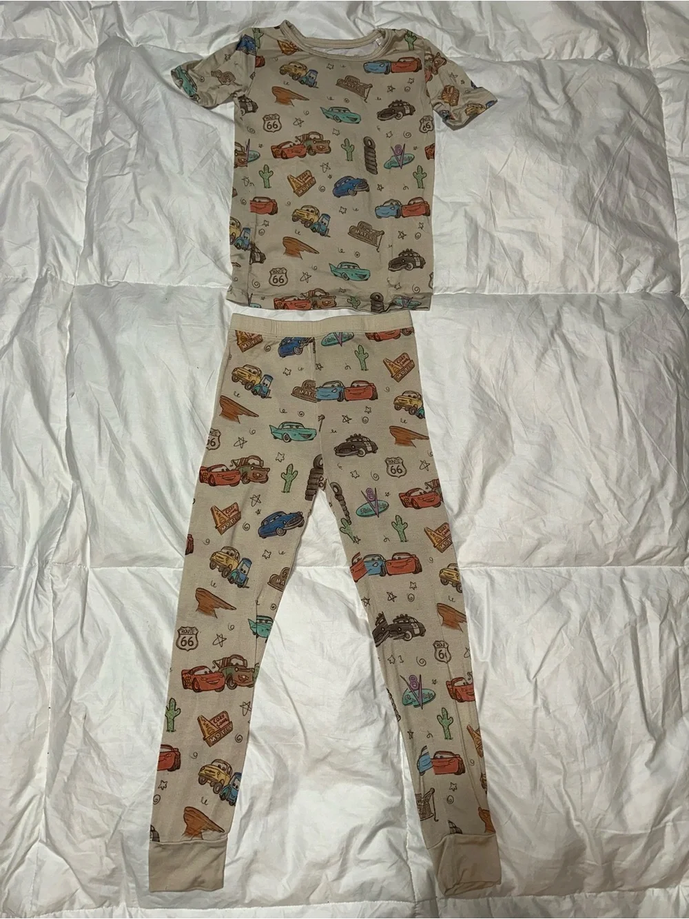 Kids' Two-Piece Car Print Pajama Set - Beige with Multicolor Cars