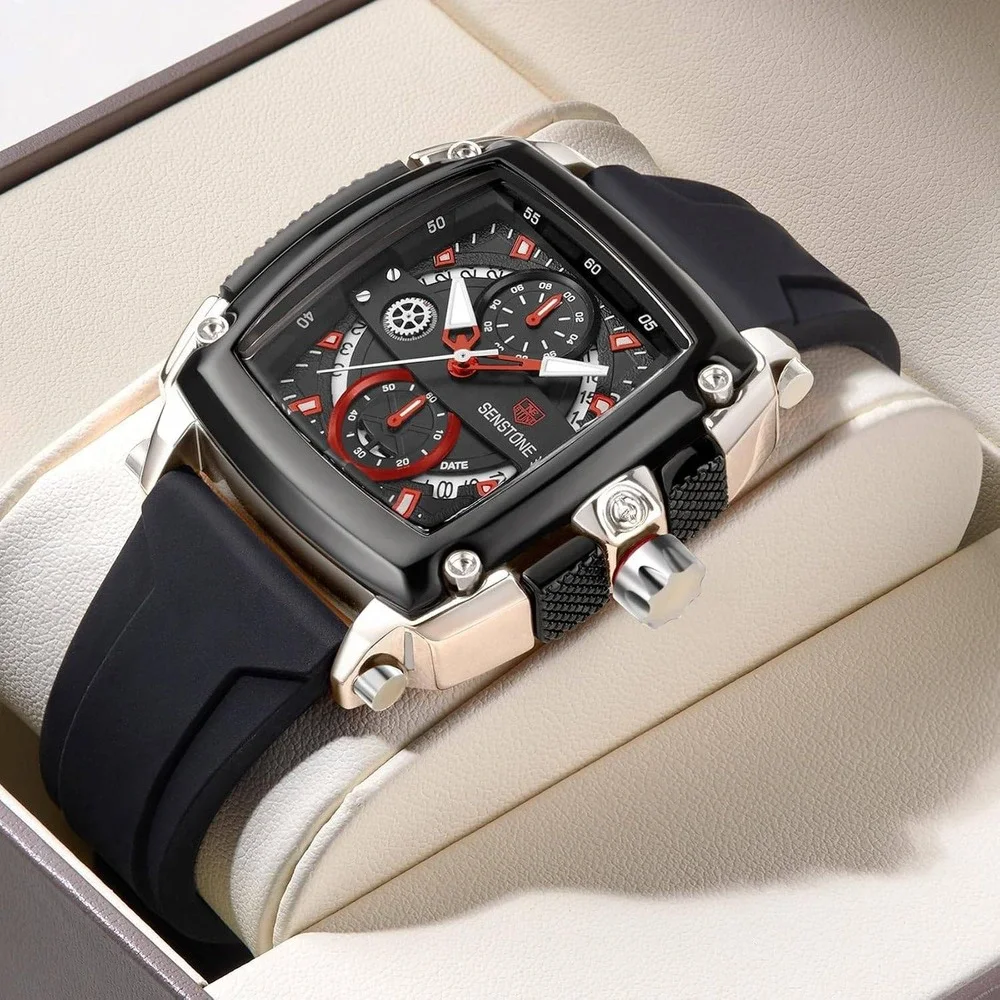 Senstone Mens Watch Black Square Chronograph Sports Silicone Strap X0045GCRD9