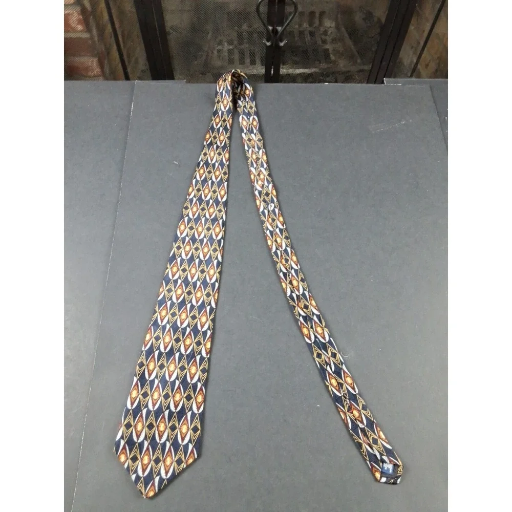 Henry‎ Grethel Geometric Diamonds Navy Reds Yellow 100% Silk Neck Tie