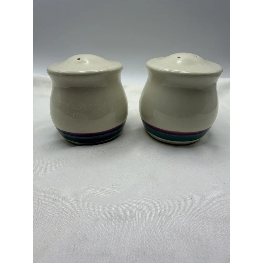 Vintage Pfaltzgraff Juniper 3 In Salt and Pepper Shakers, Mauve Turquoise Bands