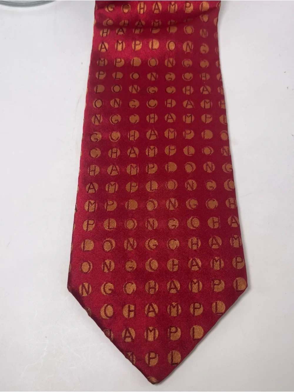 Longchamp Men’s Silk Tie Red with Gold Circles Dots Spelling‎ LONGCHAMP Luxury