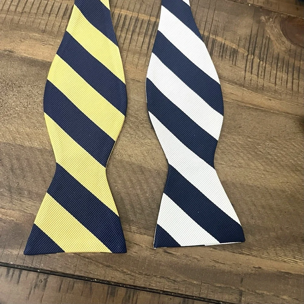 Jos A Banks 100% Silk Men's Stripe Bow Ties Lot Of 2 Adjustable Navy Gold Silver