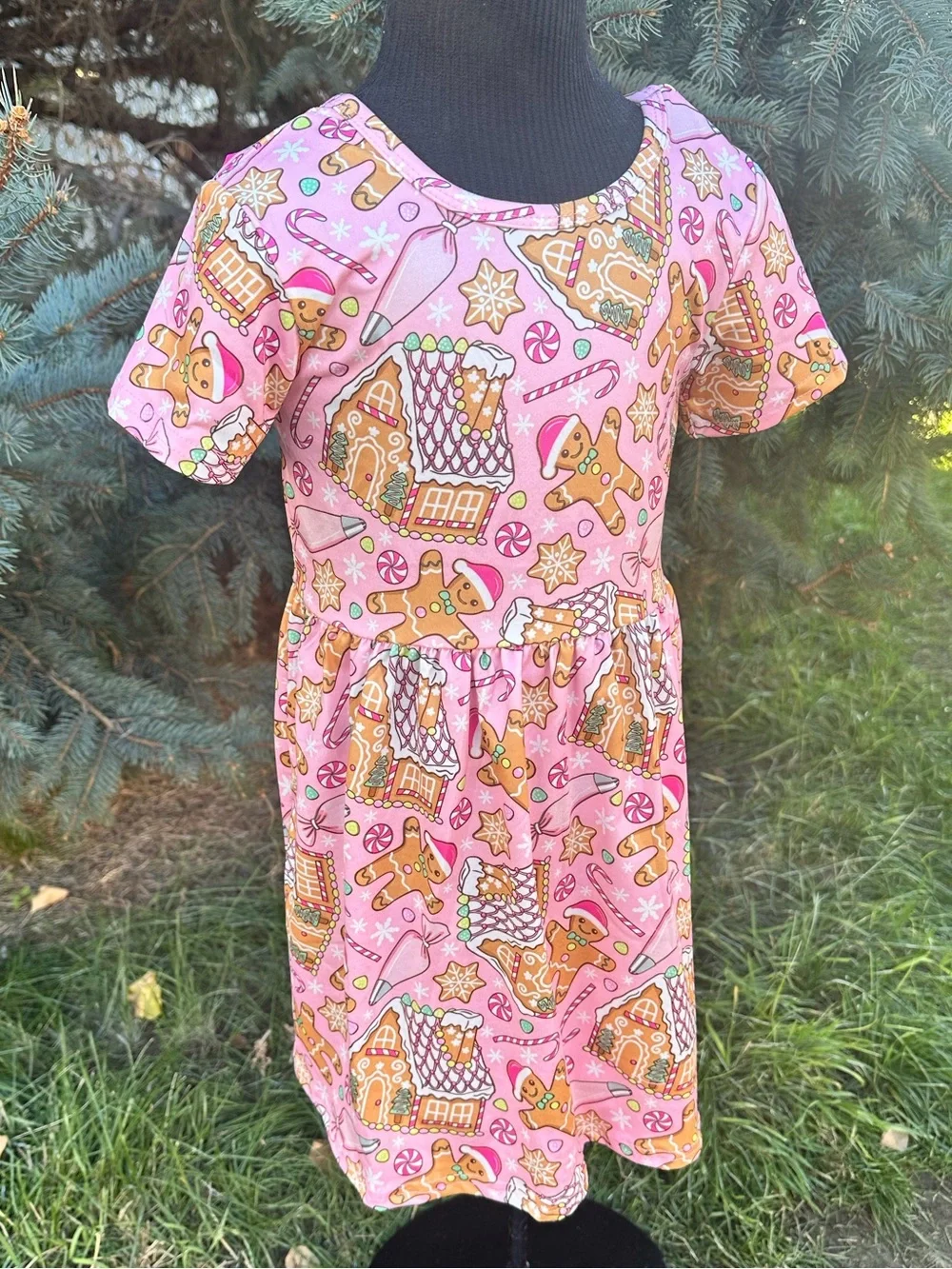 Kids Pink Gingerbread Print Short Sleeve Dress