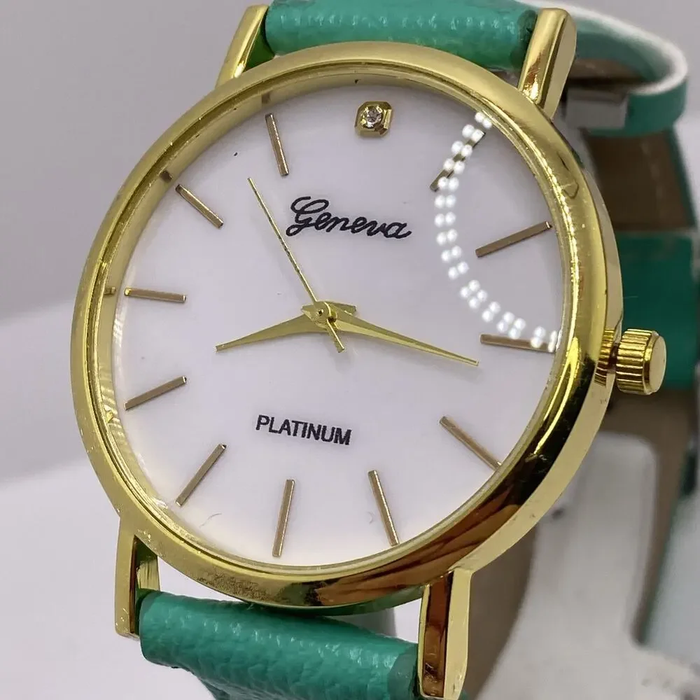 Geneva Gold Tone Green Watch Works New Battery