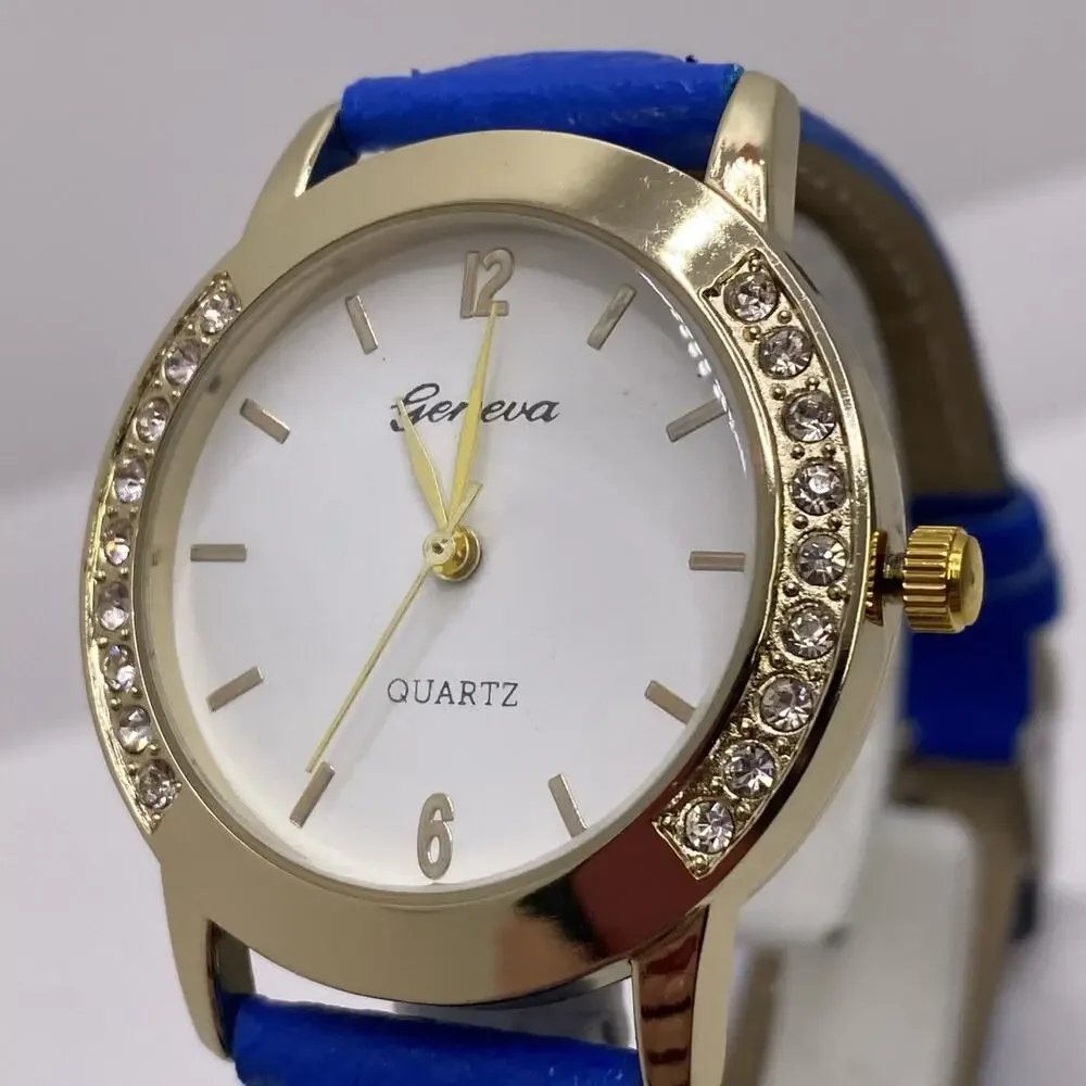 Geneva Gold Tone Blue Watch Works New Battery