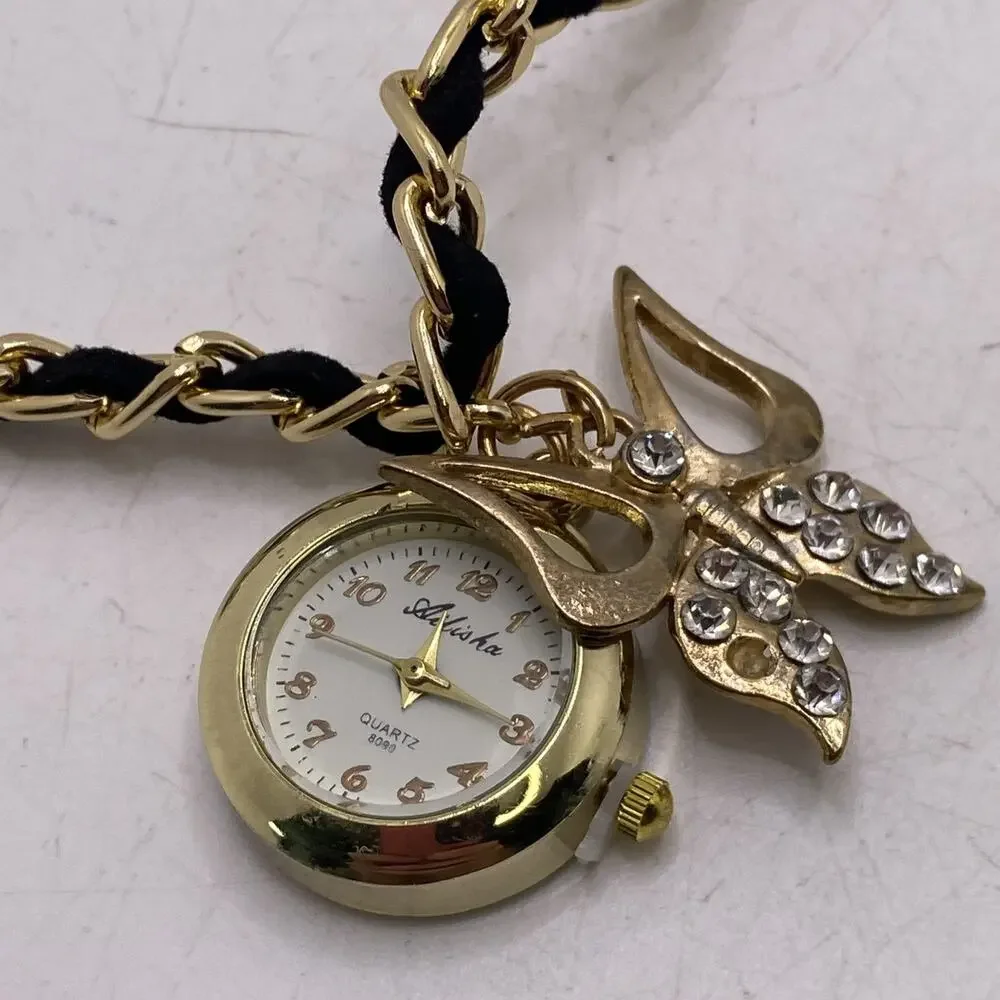 Womens Gold Tone Butterfly Leather Necklace Watch New Battery