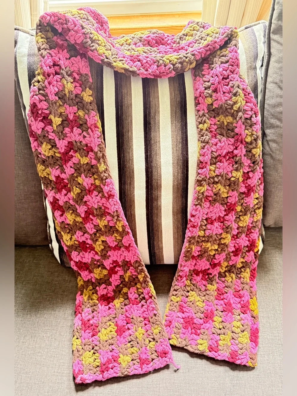Handcrafted Pink & Brown Crochet Scarf with Camo green accents New