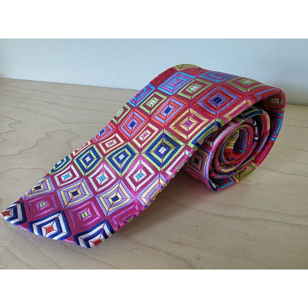 Handmade in England Silk Tie Pink Geometric Concentric Square Embroidered Mens