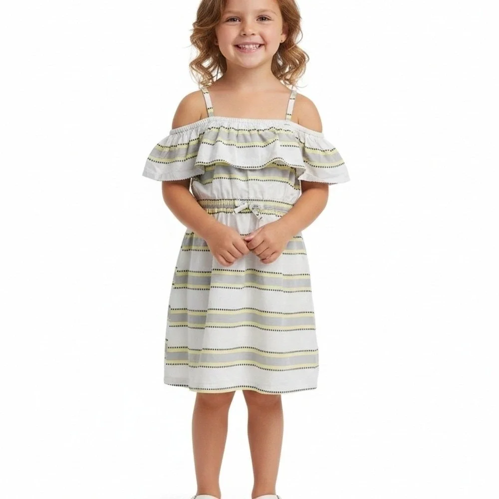 Janie and Jack Cold Shoulder Dress Kids Size 5 Yellow Striped Ruffle Summer