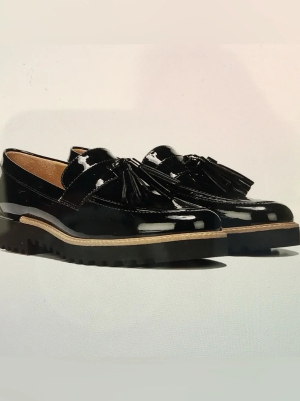 Franco Sarto Carolynn Black Patent Tassel Loafers Lug Sole Slip On Shoes SZ 8.5