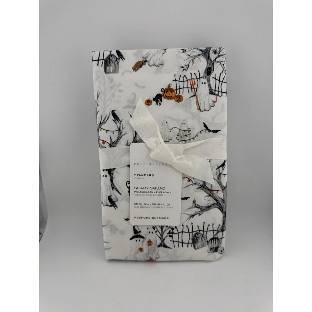Pottery‎ Barn Scary Squad Pillowcase Set Standard White Halloween NWT (1944)