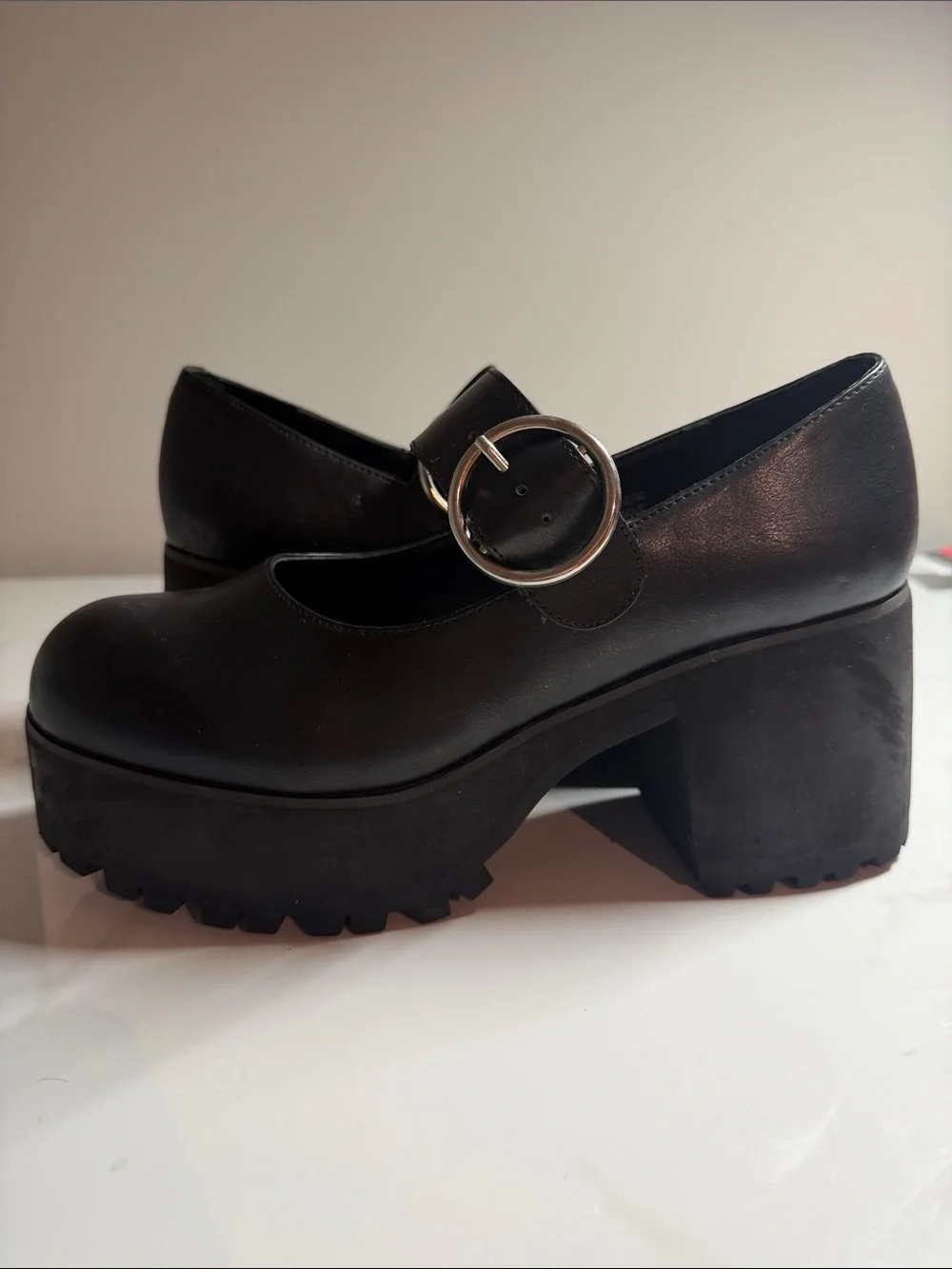 Current Mood Black Platform Mary Jane Heels with Silver Round Buckle