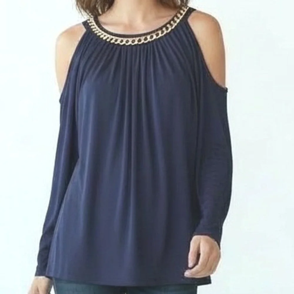 Michael Kors Navy Blue Chain Neck Dolman Sleeve‎ Top Womens M cold shoulder
