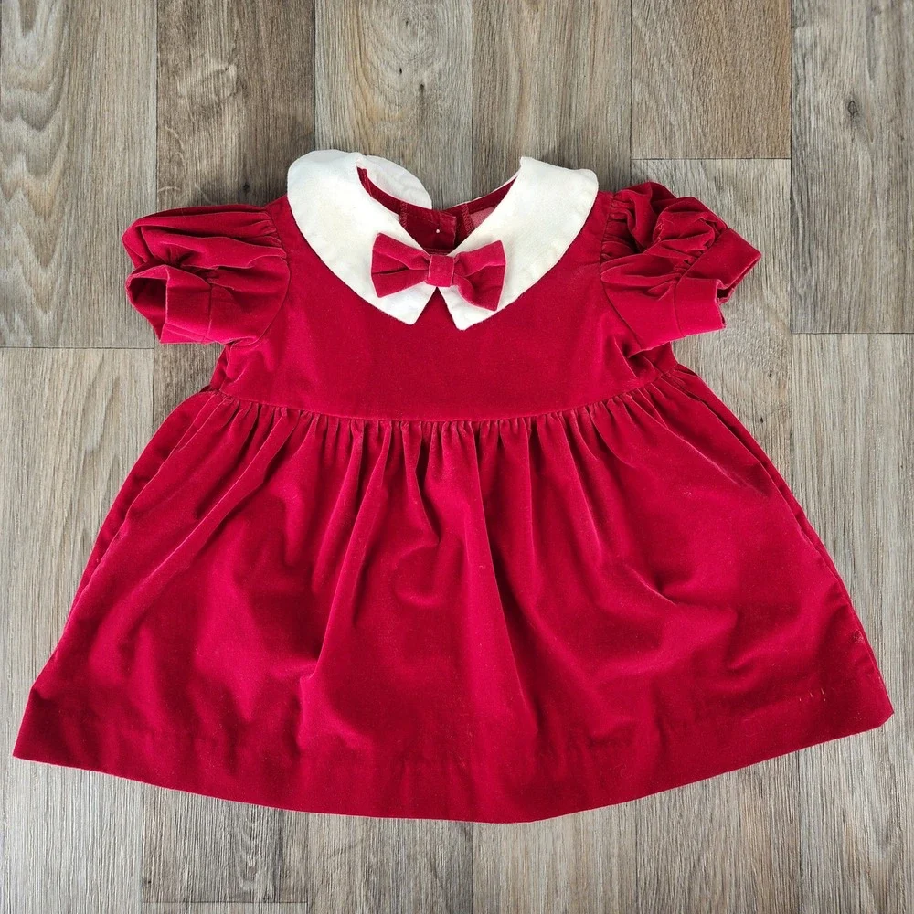 Vintage OshKosh Kids Girls Red Velvet Peter Pan Collar Bow Dress‎ Size 12 Months