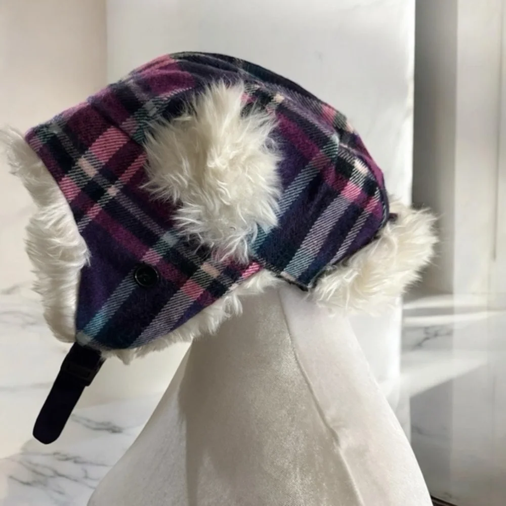 Beadz‎ 'N Bagz Trapper Hat Women OS Purple Plaid Faux Fur NEW