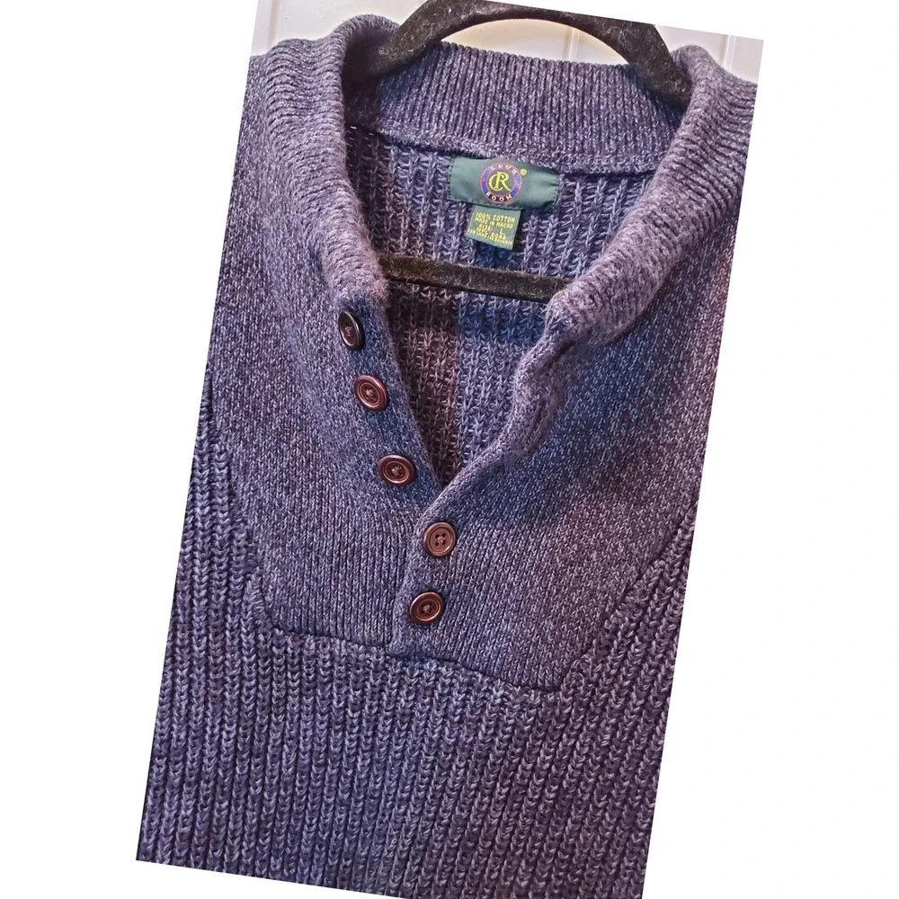 Club Room Mens Sweater L Navy Vintage Cotton Knit 3 Button Pullover Long‎ Sleeve