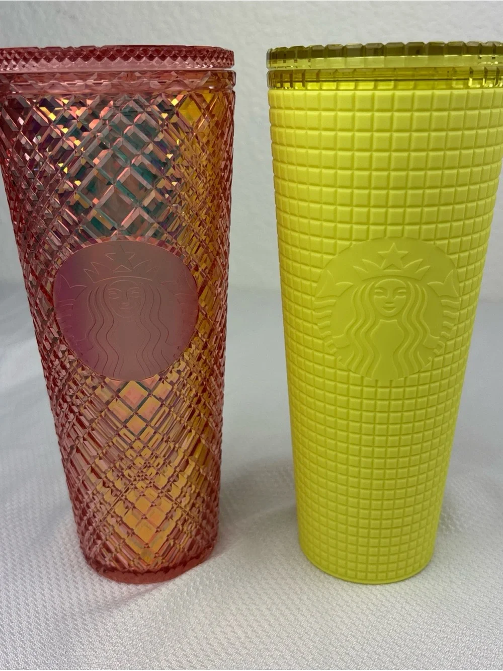 Starbucks Pink Rose Gold Iridescent & Yellow Textured Tumbler Pair