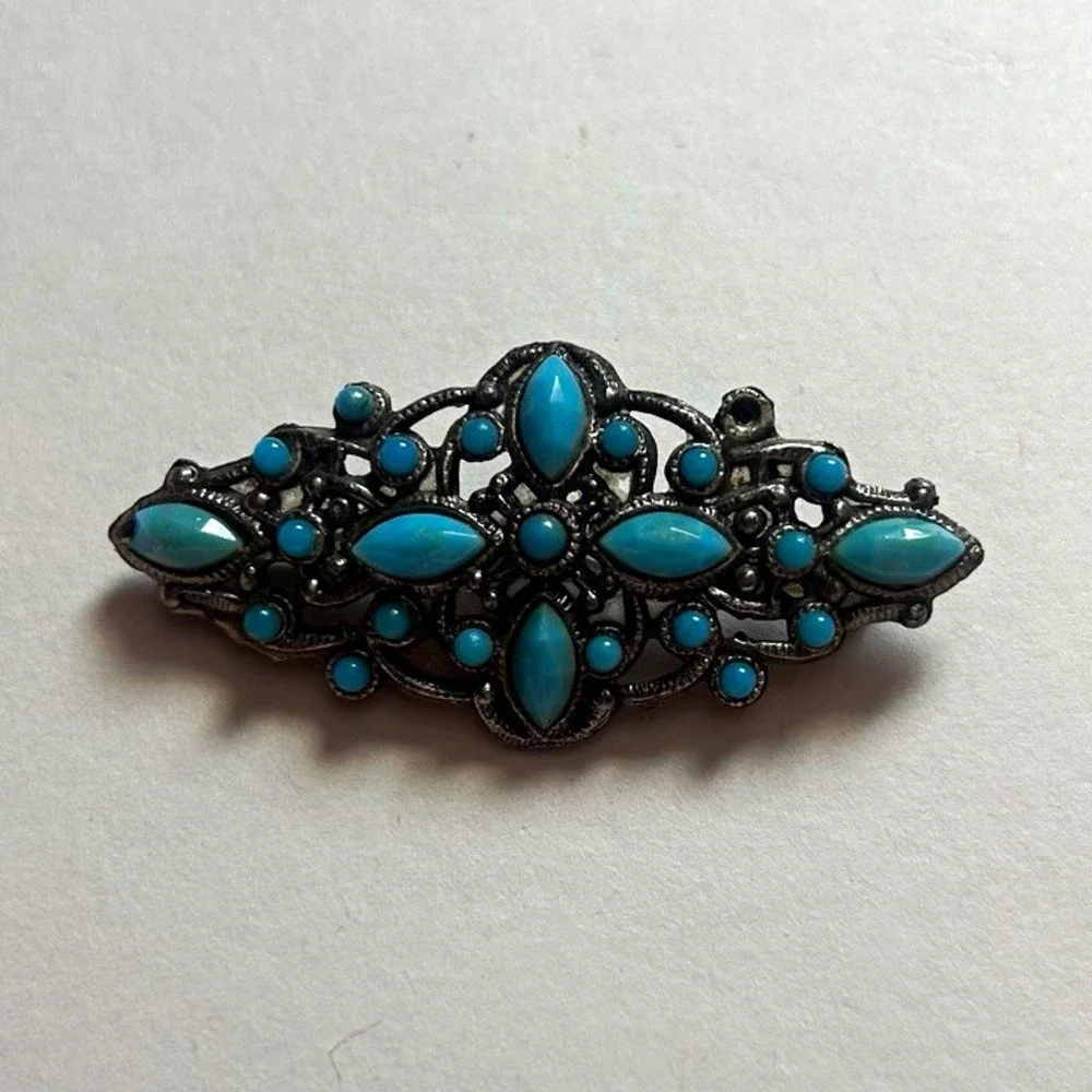 Silver Tone Blue Glass Marquise Cluster Bar Brooch Pin - Metal, Blue Stone