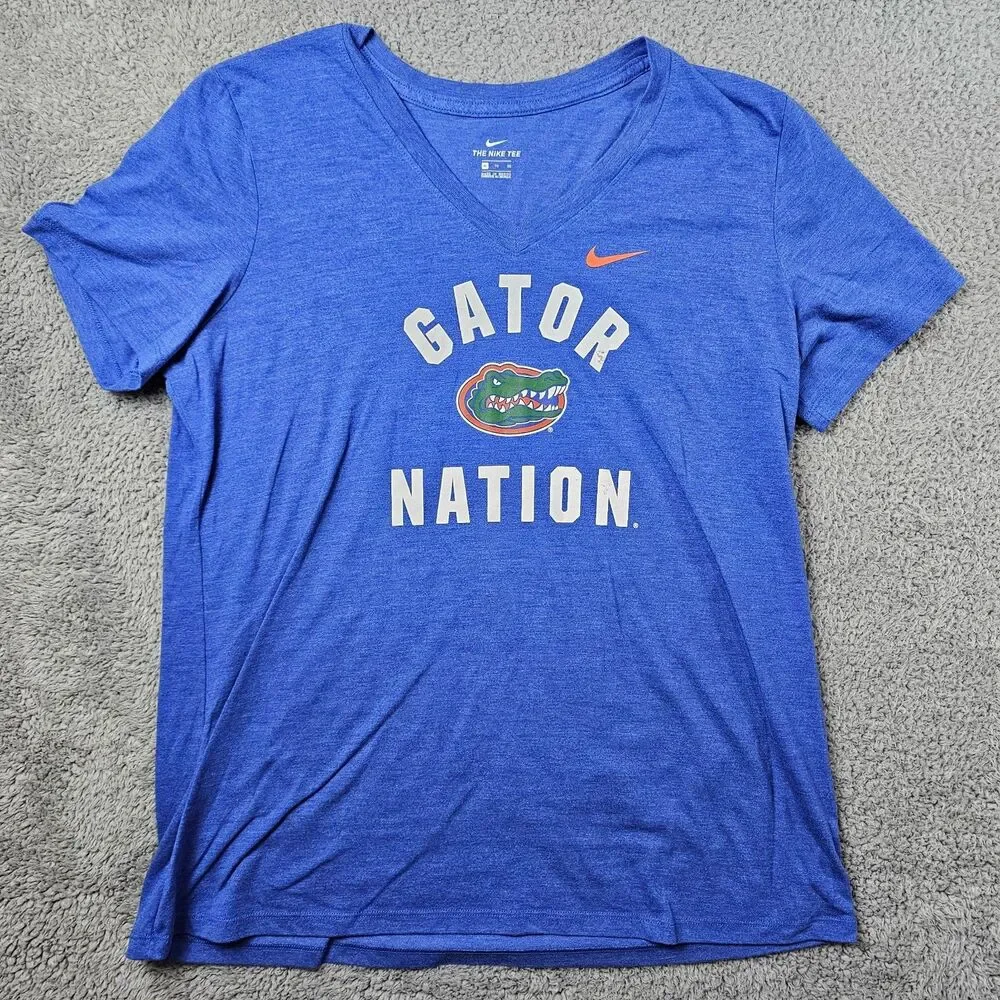 Nike Florida Gators Shirt Men Large Blue V Neck Spell Out Logo NCAA Sports