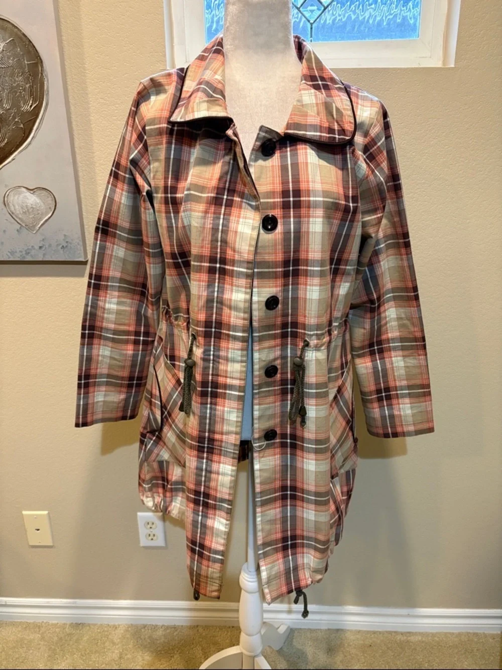 Plaid Button-Front Women's Jacket in Brown/Red and Cream Tie Waist & Hem-EU 44/M
