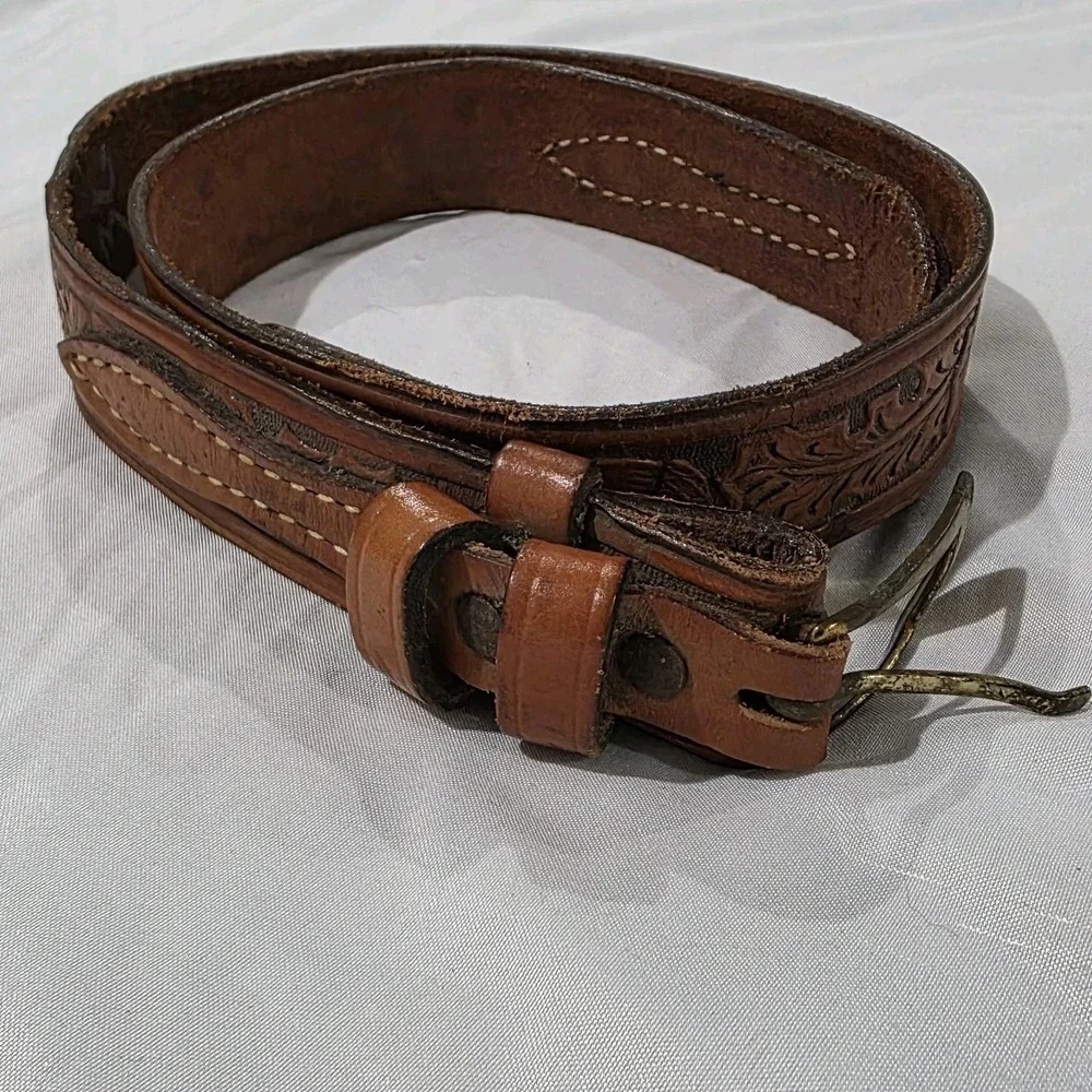 Vintage Mens Tooled Leather Belt 37‎ Inches Brown Leaves Acorns Outdoor Western