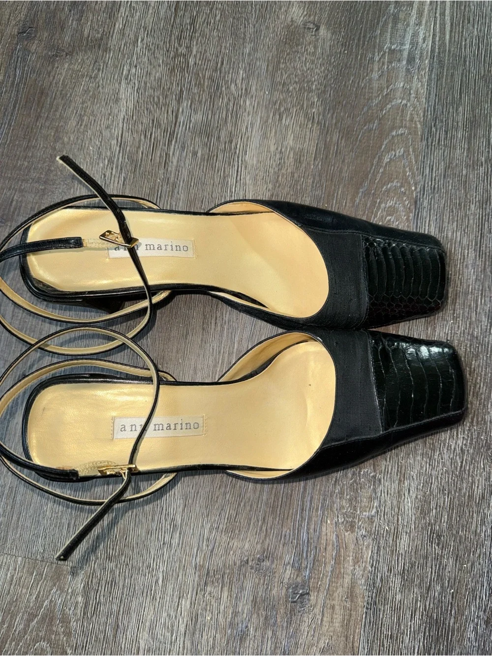 Ann Marino Black Square-Toe Slingback Heels with Croc Texture