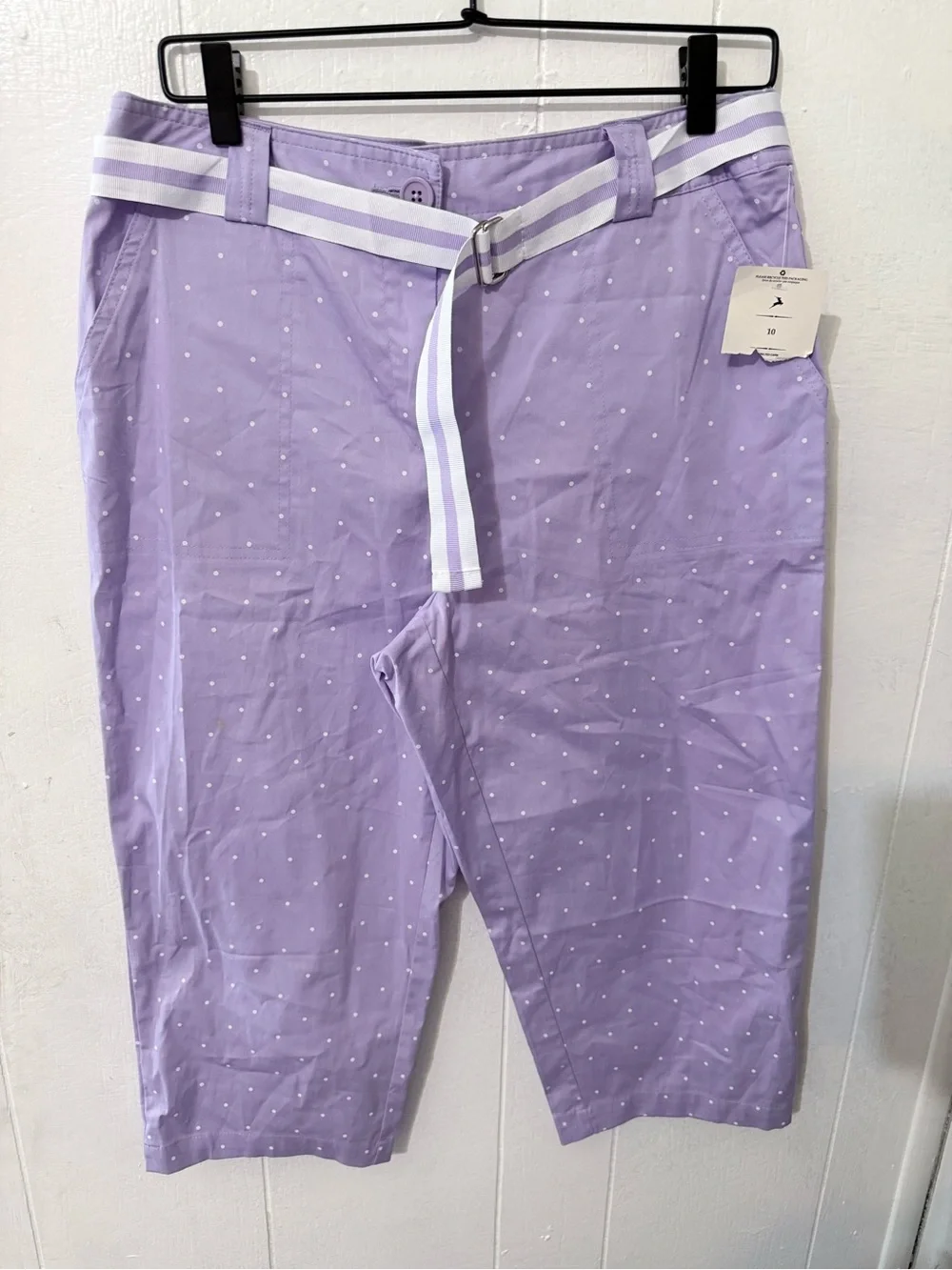 White Stag Lavender Polka Dot Cargo Capri Shorts with Striped Belt