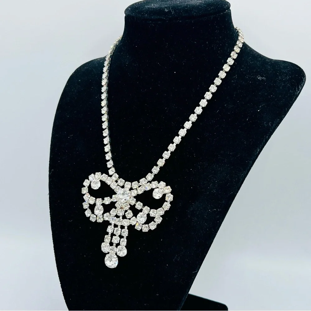 Vintage silver tone clear rhinestone choker necklace bow dangles costume jewelry