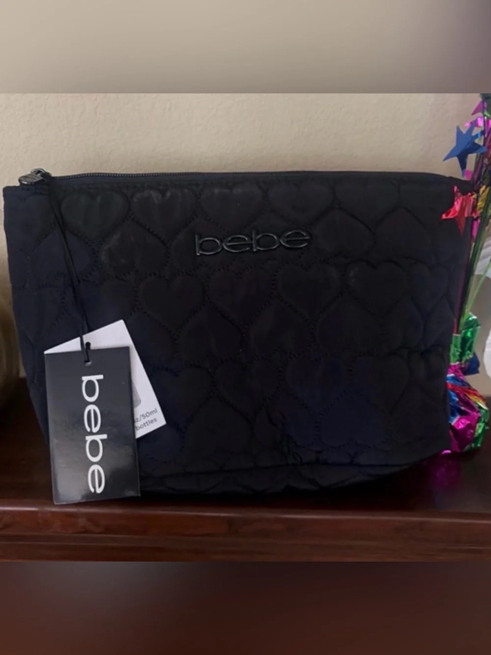 Bebe Quilted Heart Cosmetic Pouch - Black NWT