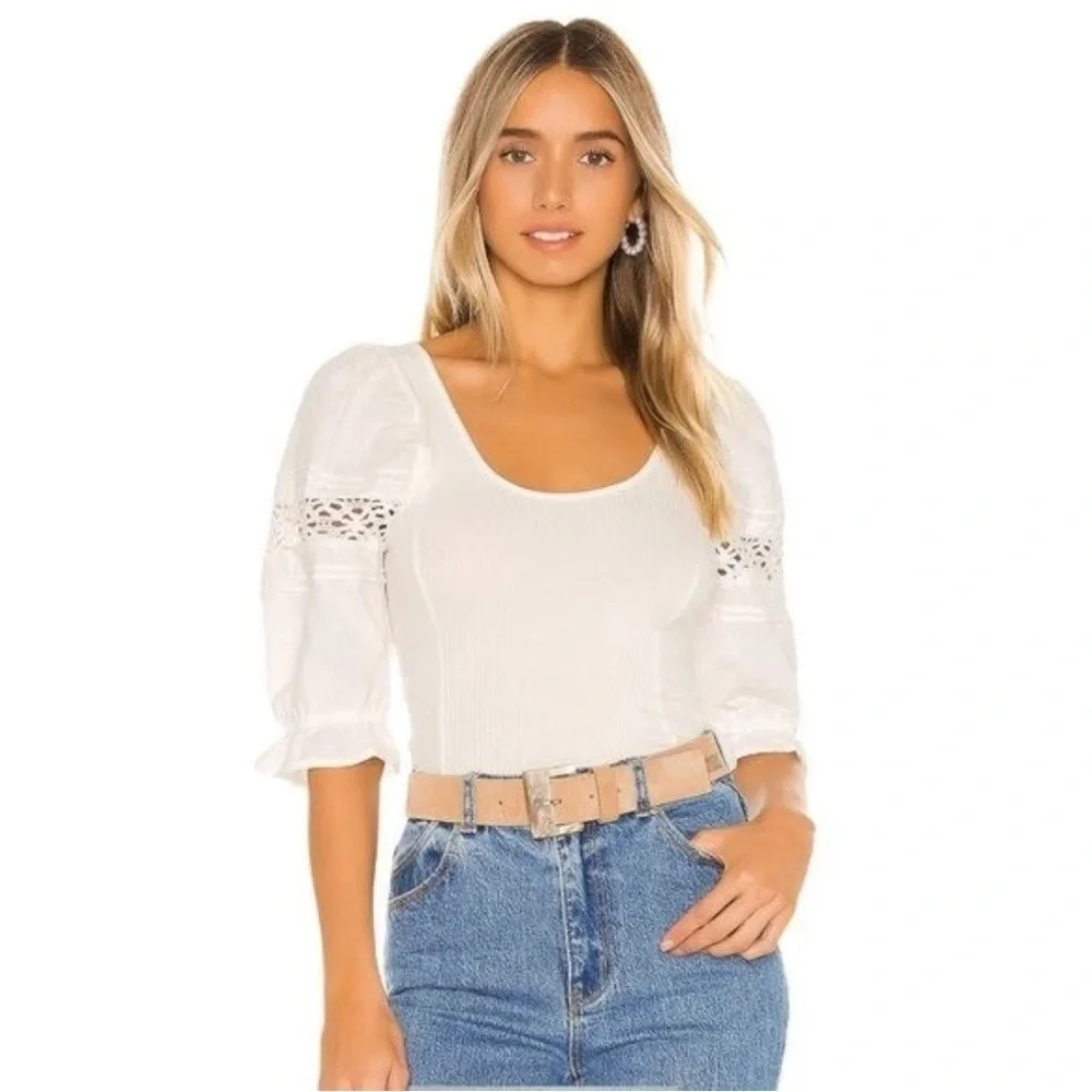 Free People Ivory Something Special Tee Women's White Lace Sleeves Size XS