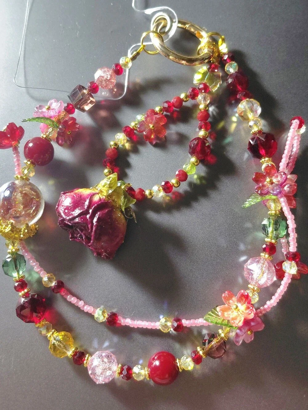 Purse Charm / Keychain Red and Pink Floral with Red Rose
