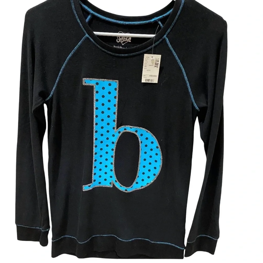 NWT Justice black long sleeve top with blue polkadot letter 