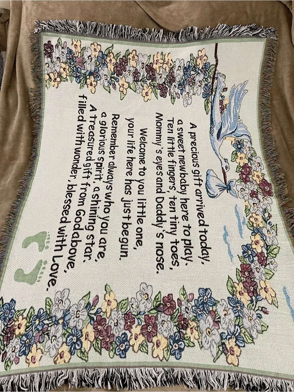 Precious Gift, New Baby W/Footprints 38” X 51” VTG Tapestry Throw