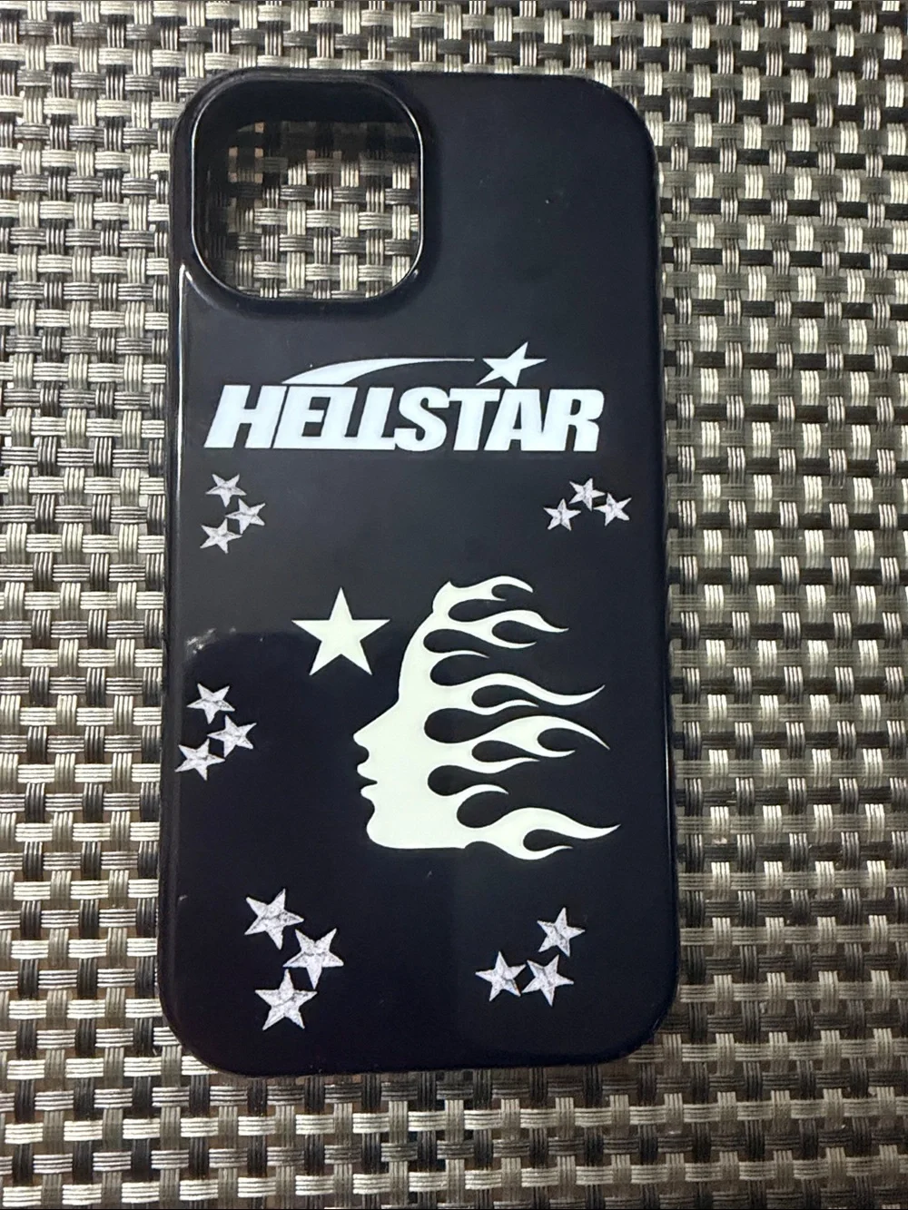 Hellstar Black Phone Case with White Flame Profile and Stars