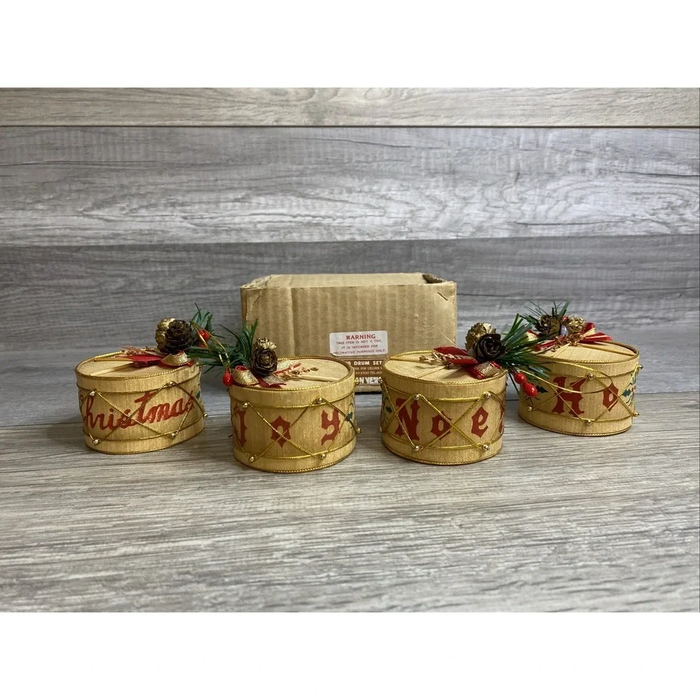 Lillian Vernon Set Of 4 Wooden Drum Ornament's (3728) Christmas Joy Noel Ho,‎ Ho