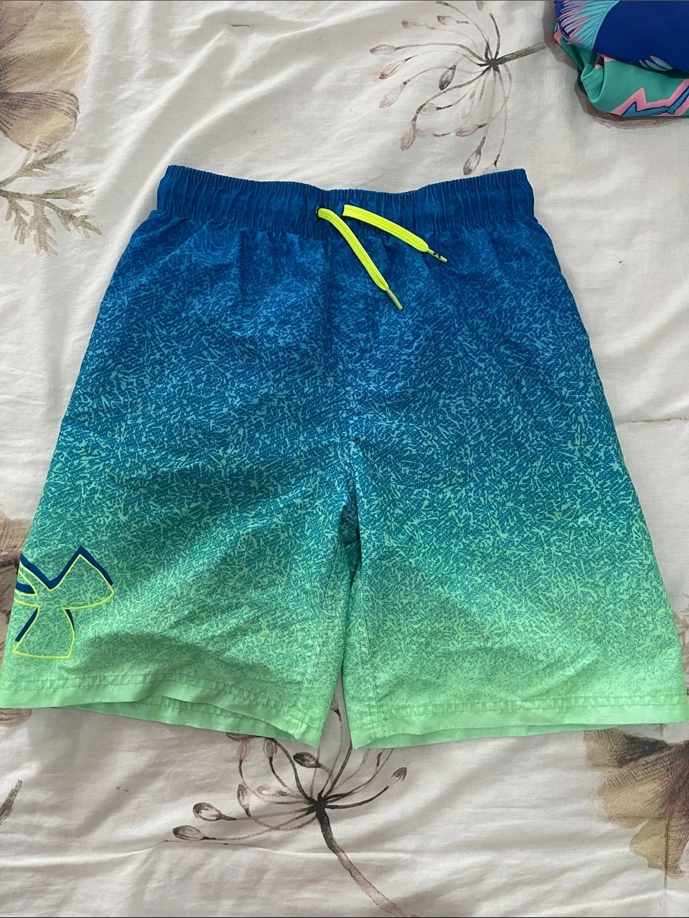 Under Armour Boy’s Blue to Green Ombre Athletic Shorts with Neon Drawstring
