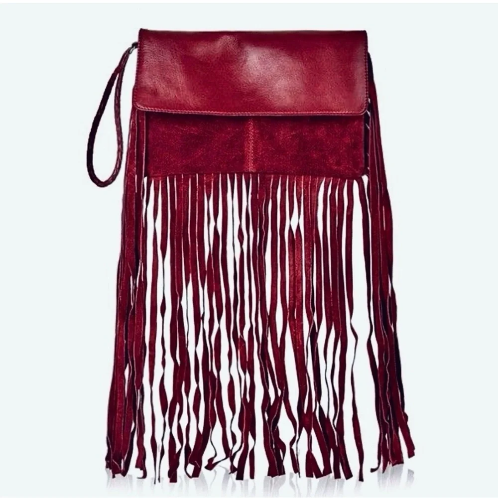 TOPSHOP DEEP BURGUNDY soft subtle LEATHER SUEDE BOHO FRINGE WRISTLET CLUTCH EUC