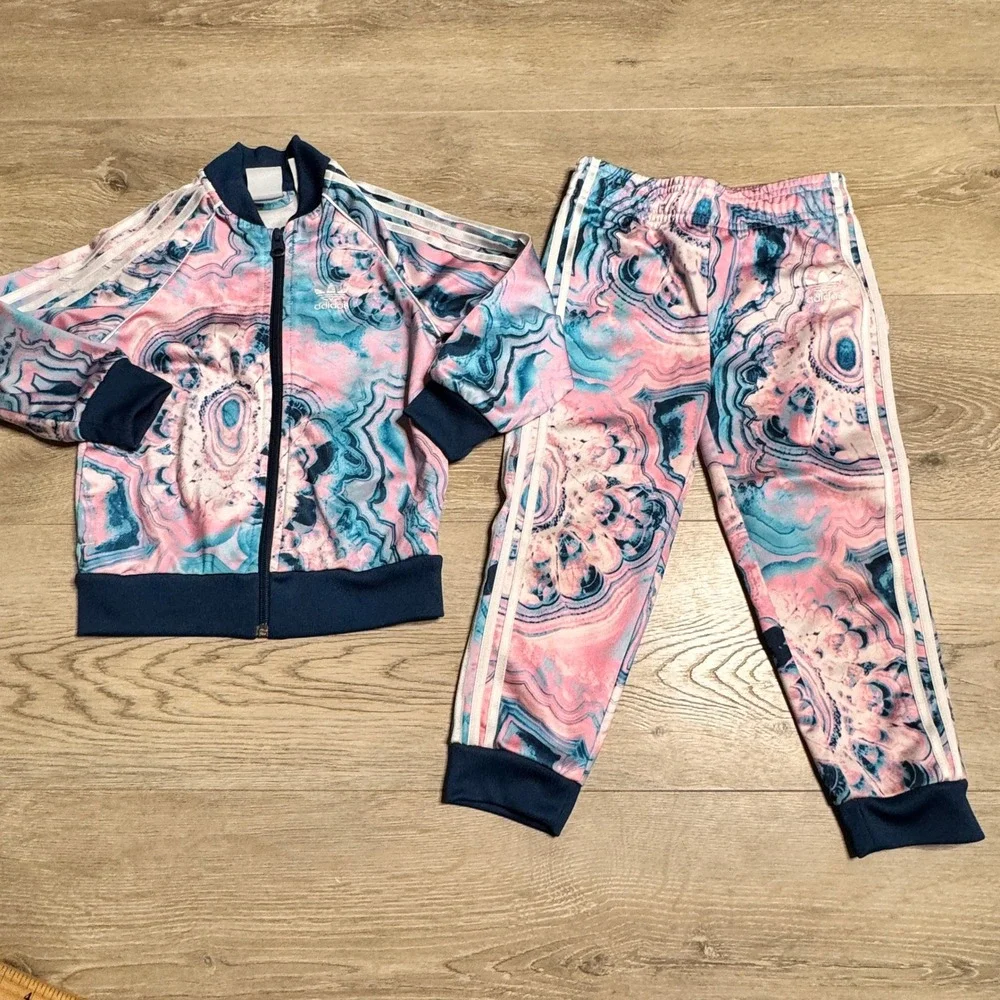 Adidas Originals‎ Girls Kids Tracksuit Set Jacket Pants Marble Pink Size 4T