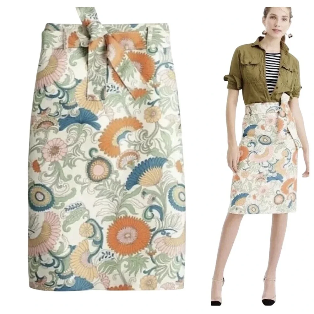 J Crew Retro‎ Floral  Wrap Tie Waist Pencil Skirt Size 0 Botanical Print