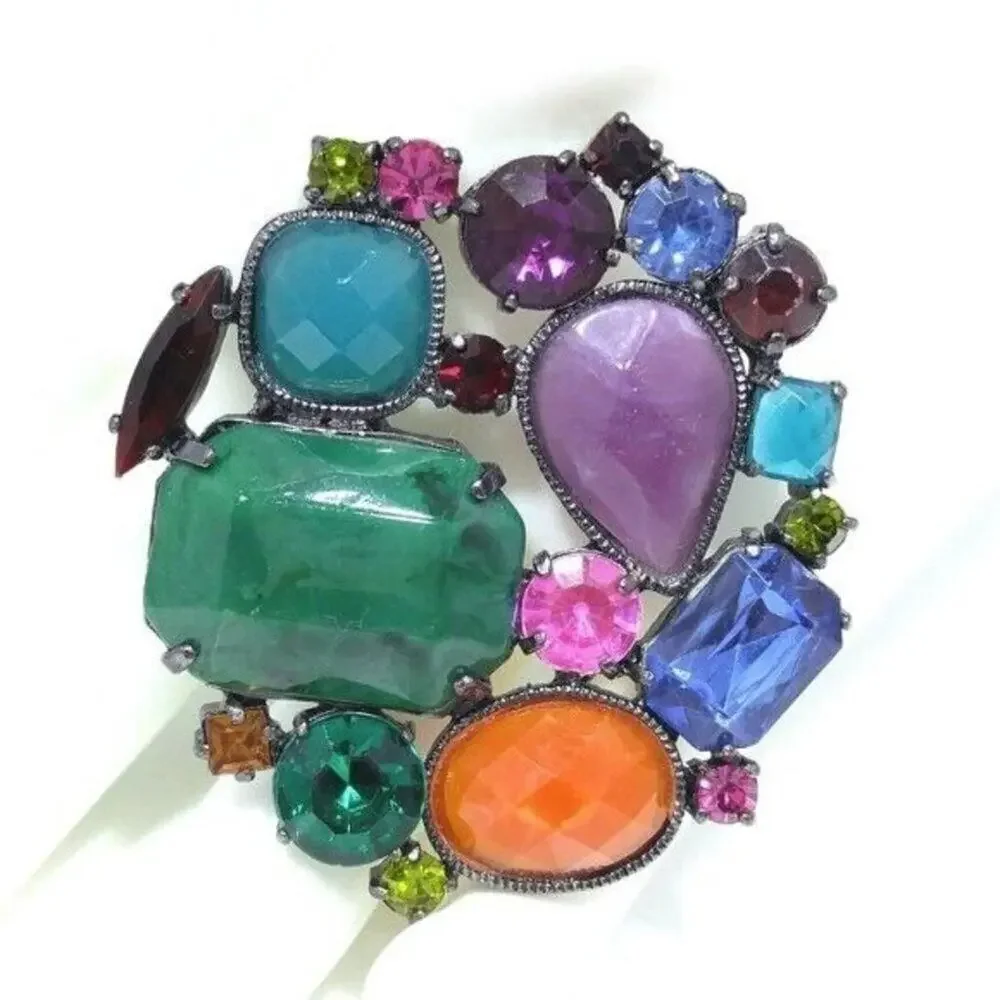 Purple Blue Green Faceted Rhinestones Jewel Colors Cabochons Brooch, 2 Inches