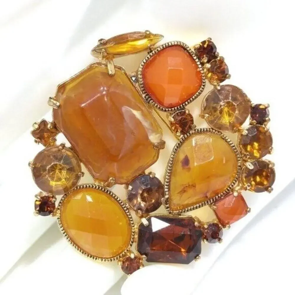 Vintage Topaz Cabochons & Rhinestones Brooch, Light Dark Topaz, Gold Tone, 2 In