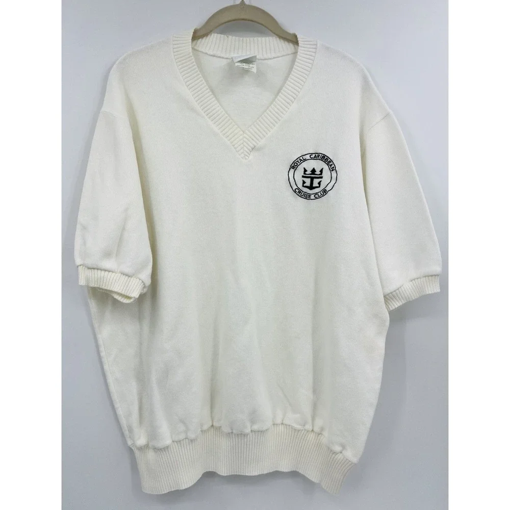 Vintage Royal Caribbean Cruise Club Sweater Short Sleeve V-Neck XL Cotton USA