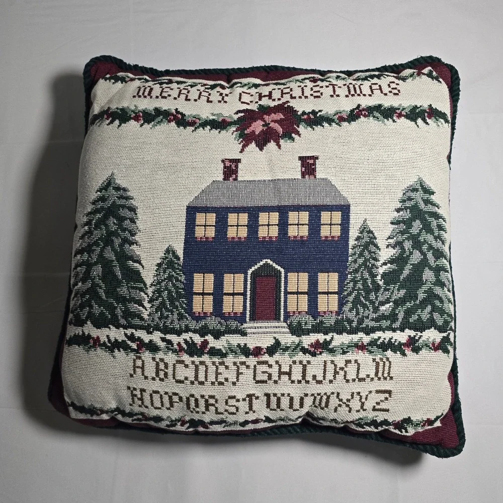 Vintage Christmas Folk art Tapestry Pillow Colonial House Alphabet Woven 15x15
