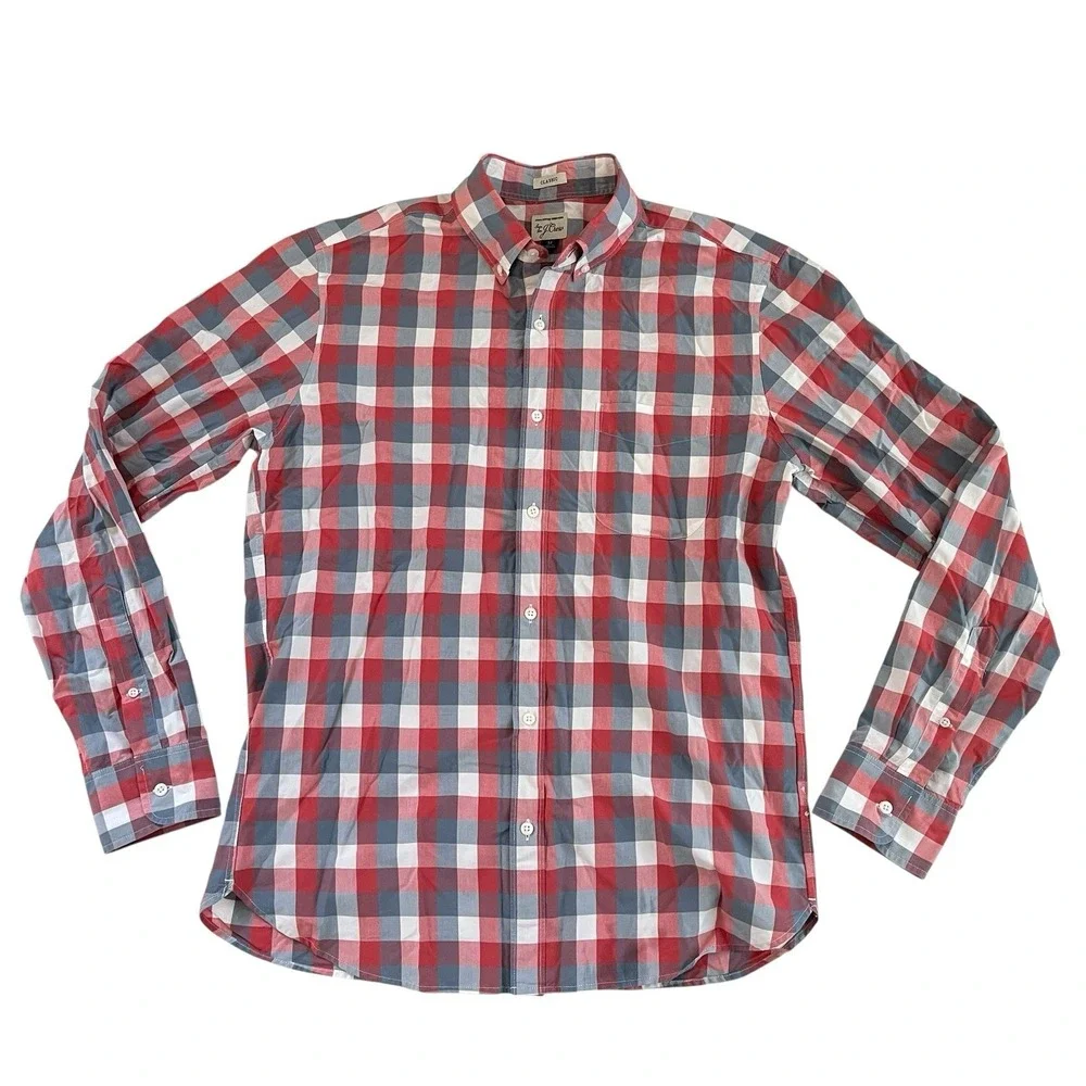 J.Crew Men's Size M Classic Fit Red Gray White Plaid Button Up Shirt 100% Cotton
