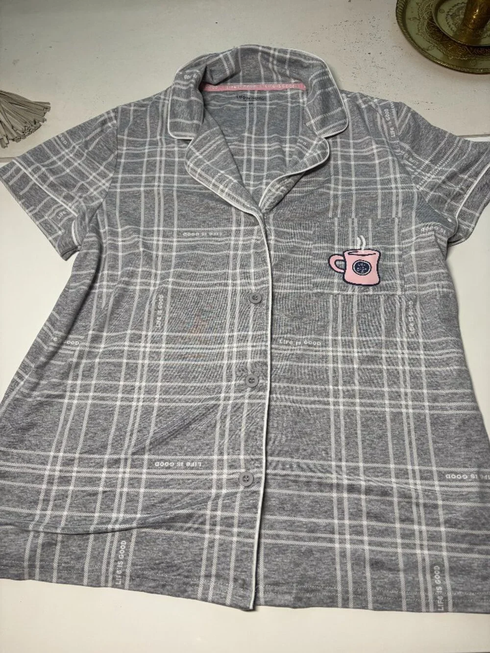 Life is Good Sleepwear 2pc Coffee Mug Notch Collar Gray Plaid Pajama Set  MEDIUM