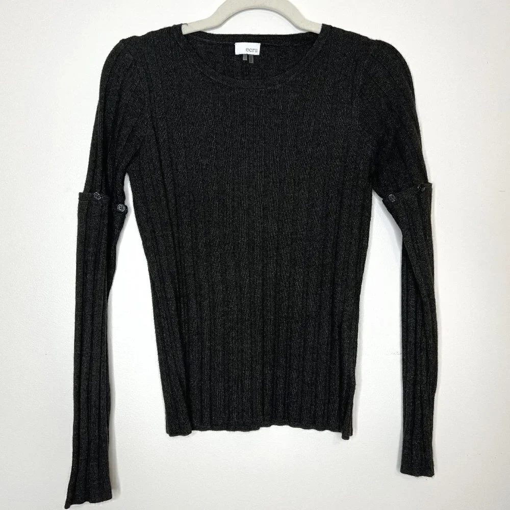 Ecru‎ Ribbed Knit Crewneck Sweater with Convertible Button Sleeves Size XS