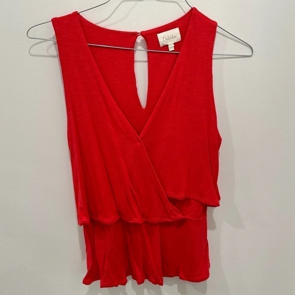 Anthropologie Deletta Red V Neck Faux Wrap Tank Blouse